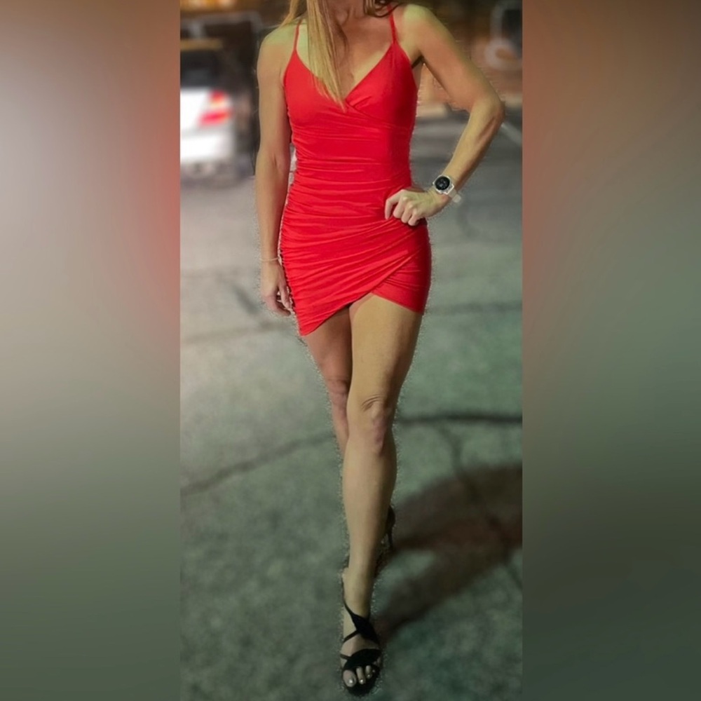 Tiger Mist Vibrant Red Ruched Mini Dress